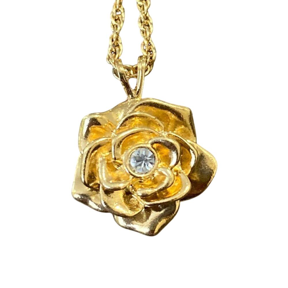 Gold Tone Rose Pendant Necklace Clear Crystal Floral Dainty Romantic Vintage